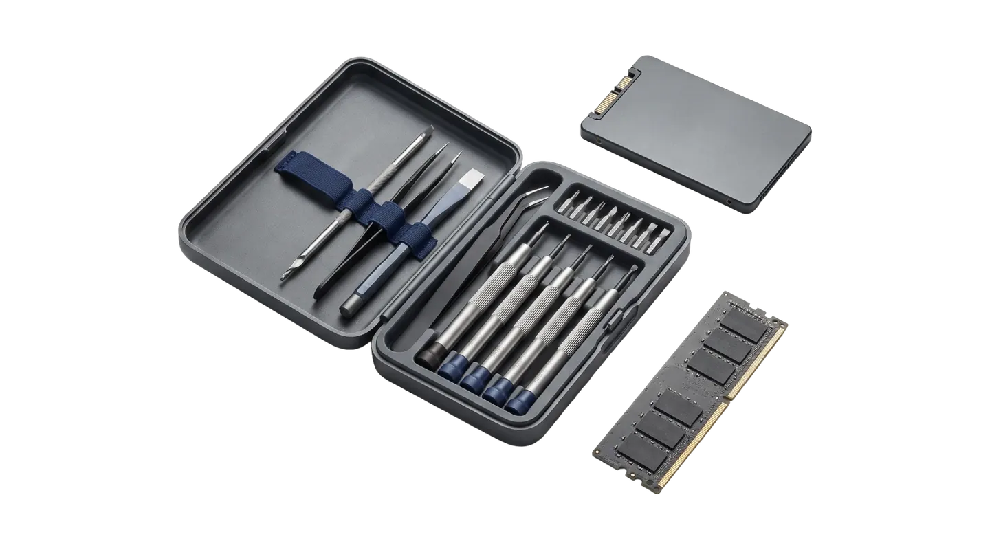 Estuche abierto con destornilladores de precisión, puntas y pinzas, junto a un SSD y un módulo de memoria RAM.