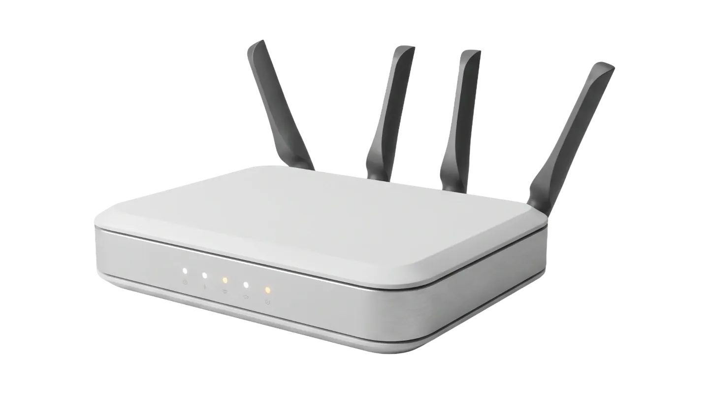 Router WiFi blanco con cuatro antenas e indicadores luminosos en el frontal.
